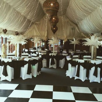 Room Decor black and white with white feather table centres and fairy lights